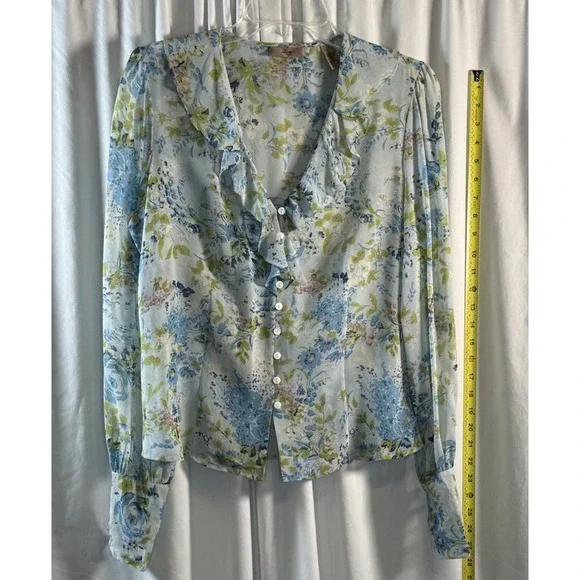 I.E.‎ Blue Green Floral Silk Ruffle V-Neck Button Down Top 10 Cottagecore 79-42 - Picture 7 of 14